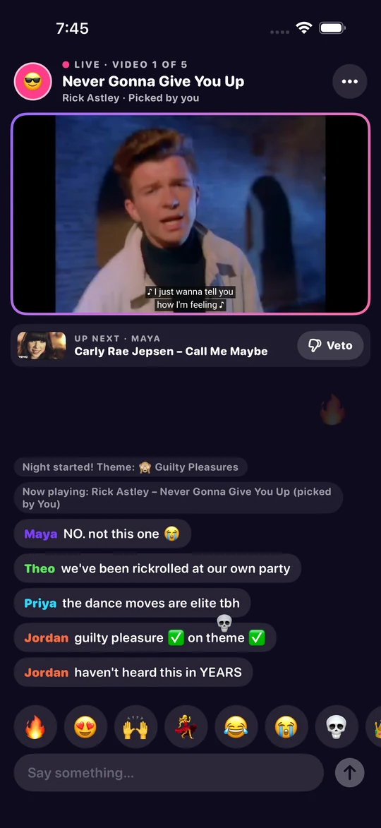 A video playing: Never Gonna Give You Up, picked by you, with the next pick shown below it beside a Veto button and a live chat where players react to the rickroll.