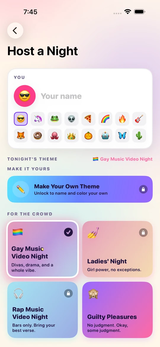 The Host a Night screen: a name and emoji avatar picker, tonight's theme set to Gay Music Video Night, and colorful theme cards for Ladies' Night, Rap Music Video Night and Guilty Pleasures.