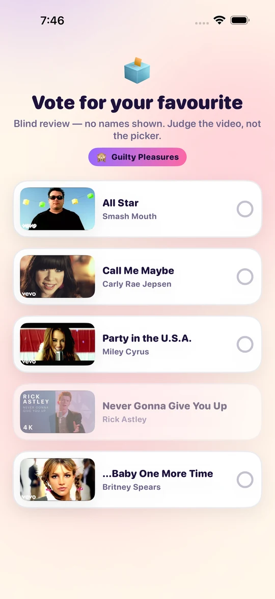 The blind voting screen listing five videos with thumbnails and a radio button each, and no player names attached.